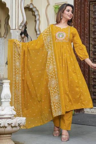 cotton cambric printed anarkali kurti pant dupatta set
