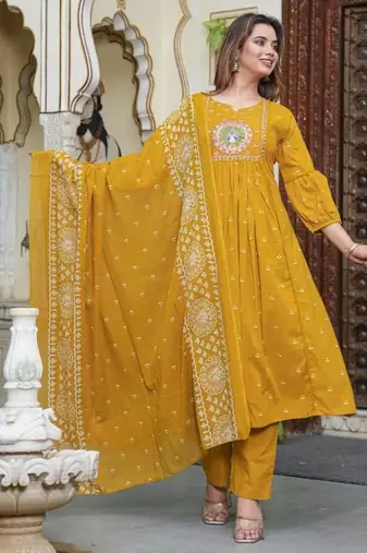cotton cambric printed anarkali kurti pant dupatta set