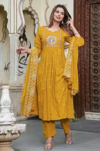 cotton cambric printed anarkali kurti pant dupatta set