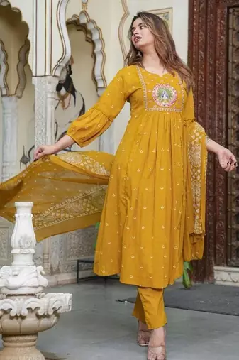 cotton cambric printed anarkali kurti pant dupatta set