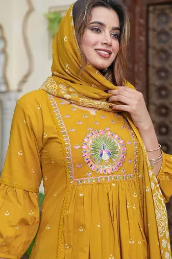 cotton cambric printed anarkali kurti pant dupatta set