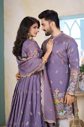Blue handwork embroidered silk men's kurta with lehenga choli couple set