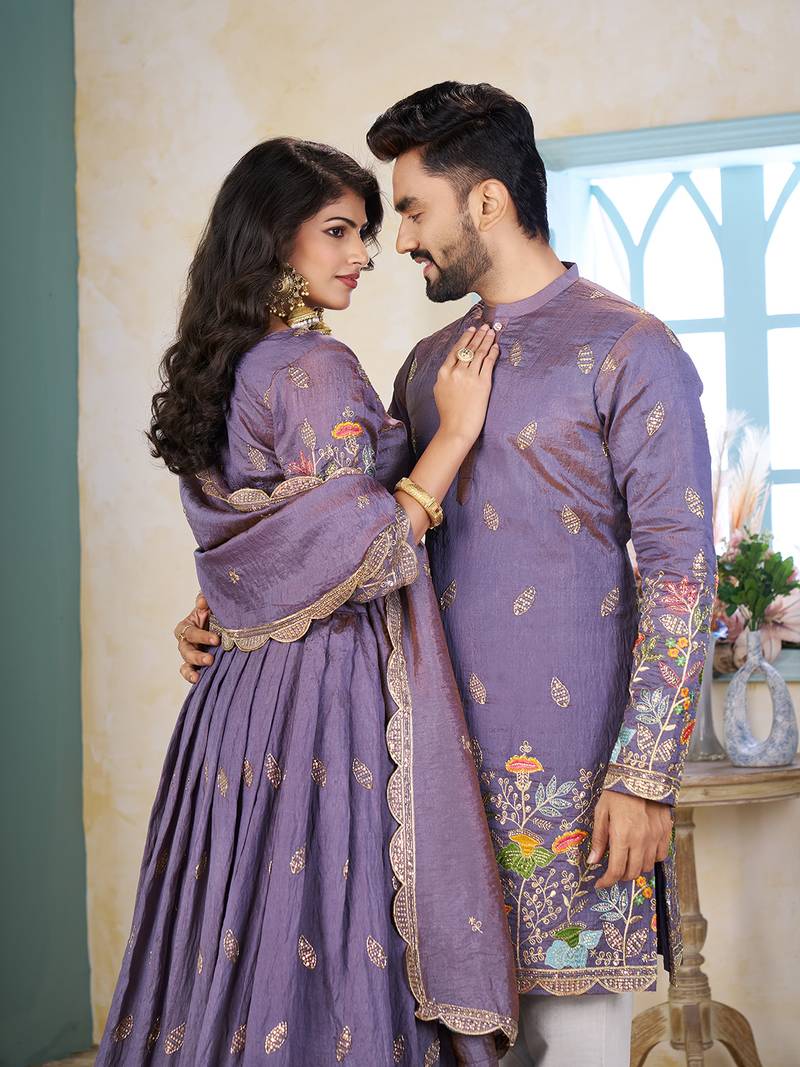 Blue handwork embroidered silk men's kurta with lehenga choli couple set