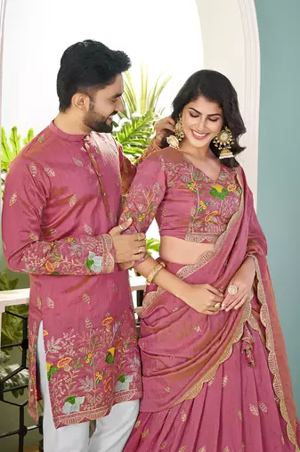 Pink handwork embroidered silk men's kurta with lehenga choli couple set
