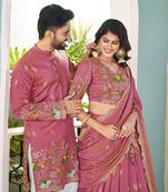 Pink handwork embroidered silk men's kurta with lehenga choli couple set