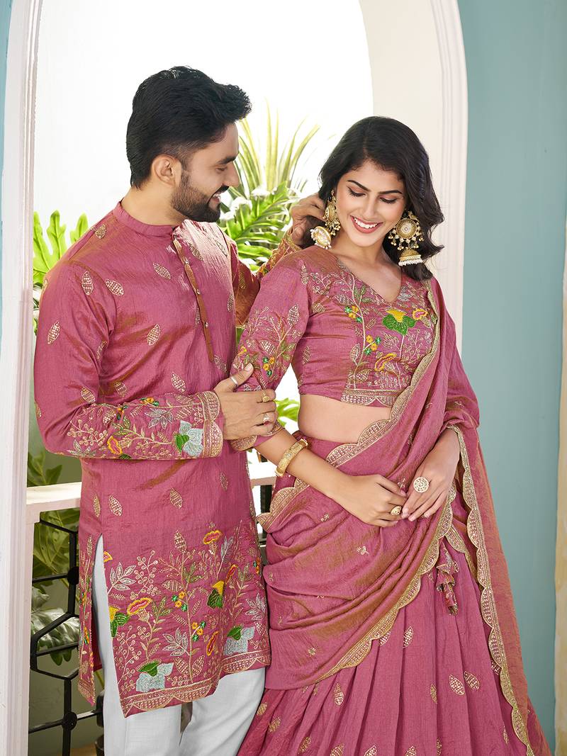 Pink handwork embroidered silk men's kurta with lehenga choli couple set