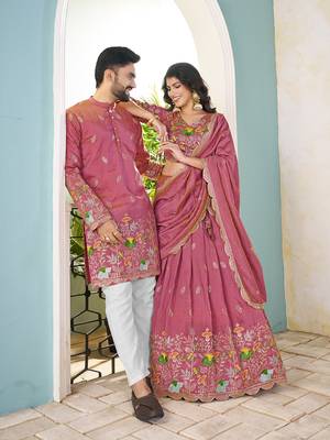 Pink handwork embroidered silk men's kurta with lehenga choli couple set 2