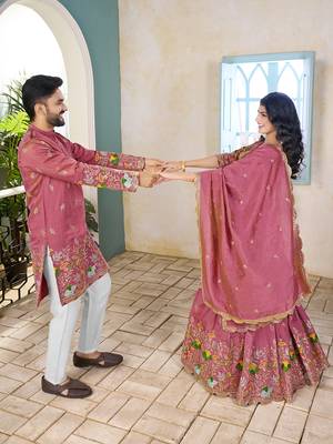 Pink handwork embroidered silk men's kurta with lehenga choli couple set 3