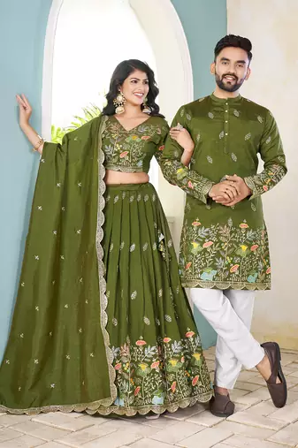 Green handwork embroidered silk men's kurta with lehenga choli couple set