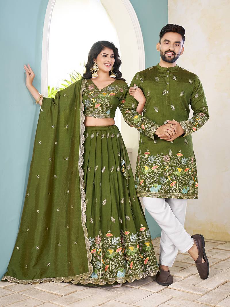 Green handwork embroidered silk men's kurta with lehenga choli couple set