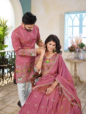 Pink handwork embroidered silk men's kurta with lehenga choli couple set 4