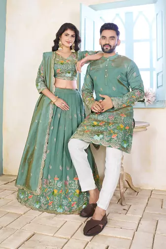 Purple handwork embroidered silk men's kurta with lehenga choli couple set
