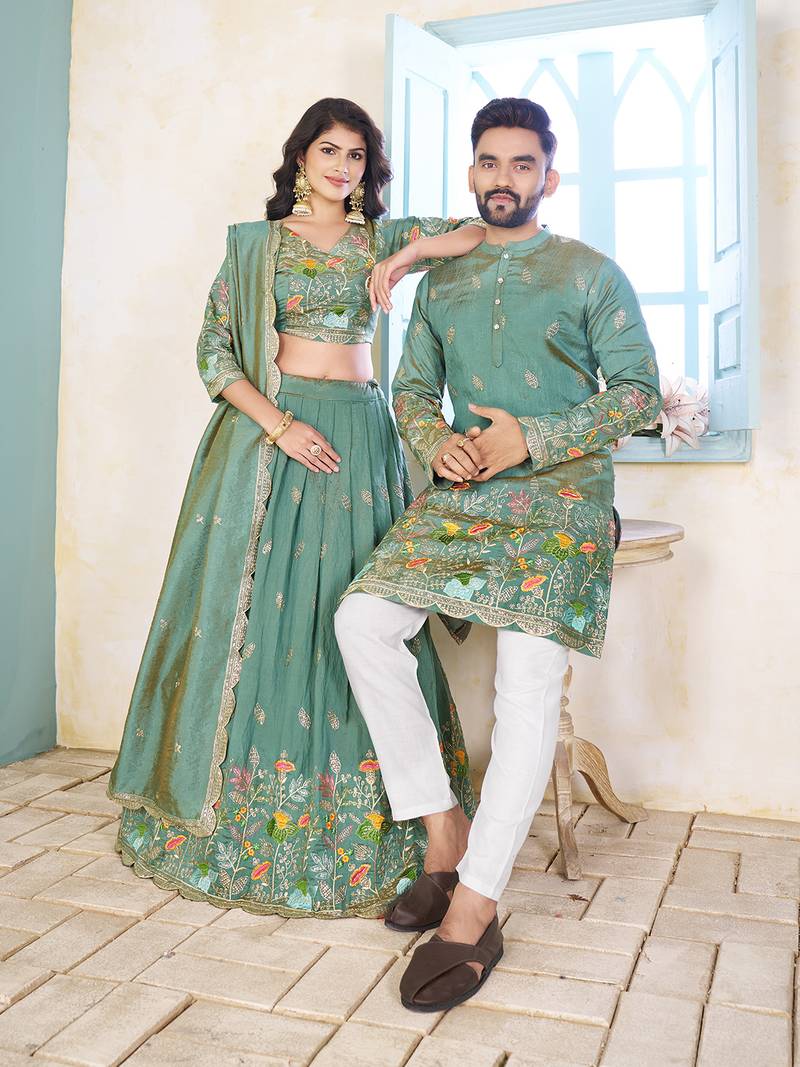 Purple handwork embroidered silk men's kurta with lehenga choli couple set