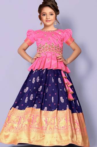 Light Pink and Naby Blue Floral Saouth indian Pavadai set Lehenga choli