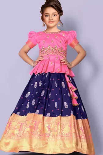 Light Pink and Naby Blue Floral Saouth indian Pavadai set Lehenga choli