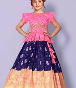 Light Pink and Naby Blue Floral Saouth indian Pavadai set Lehenga choli