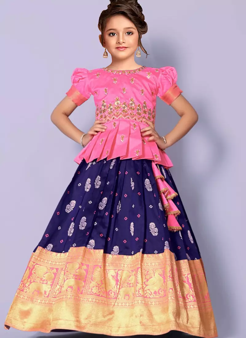 Light Pink and Naby Blue Floral Saouth indian Pavadai set Lehenga choli