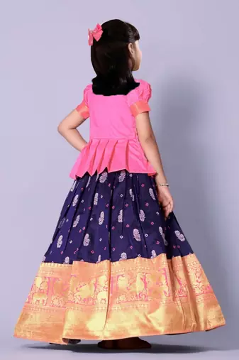 Light Pink and Naby Blue Floral Saouth indian Pavadai set Lehenga choli