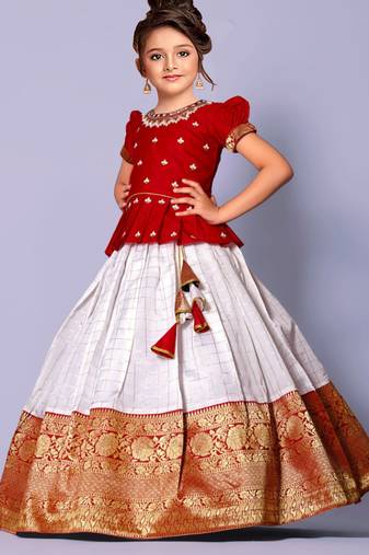 Red And Off White South Indian Pavadai Set Lehenga choli