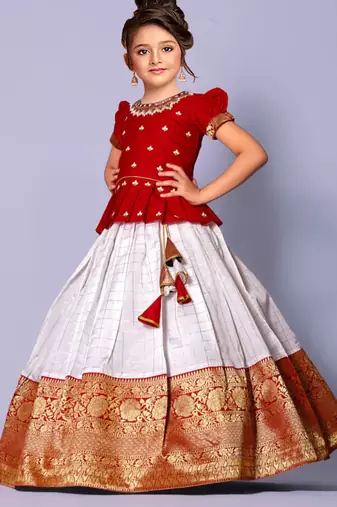Red And Off White South Indian Pavadai Set Lehenga choli