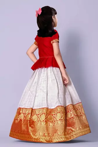 Red And Off White South Indian Pavadai Set Lehenga choli