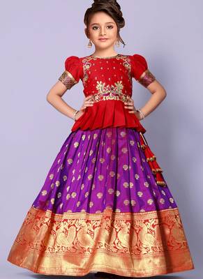 Red And Purple Embroidery South Indain Pavadai set Lehenga choli  1