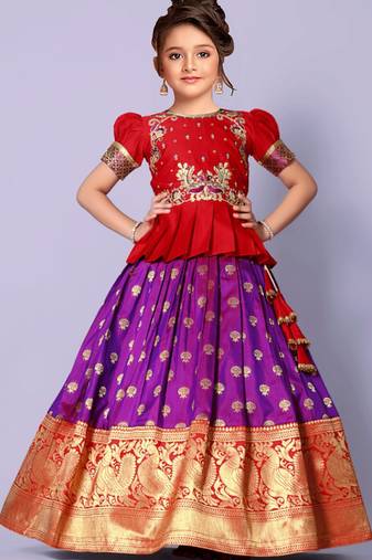 Red And Purple Embroidery South Indain Pavadai set Lehenga choli 