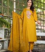 Cotton dyed a-line kurti pant dupatta set