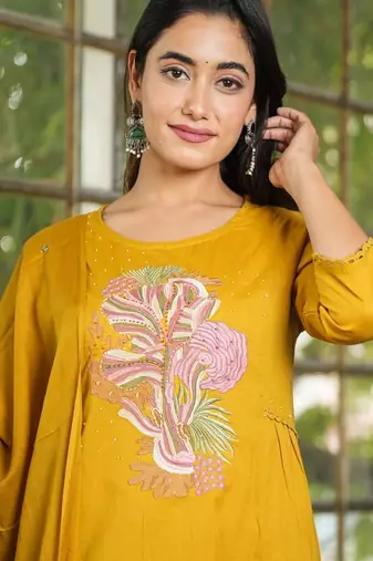 Cotton dyed a-line kurti pant dupatta set
