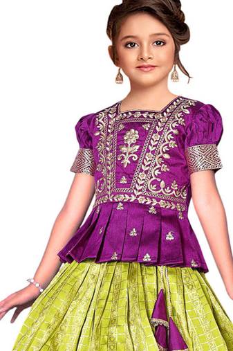 Wine And Parrot Green South Indian Pavadai set Lehenga cholu