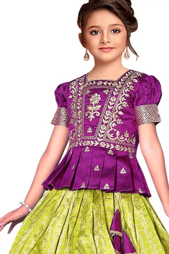 Wine And Parrot Green South Indian Pavadai set Lehenga cholu