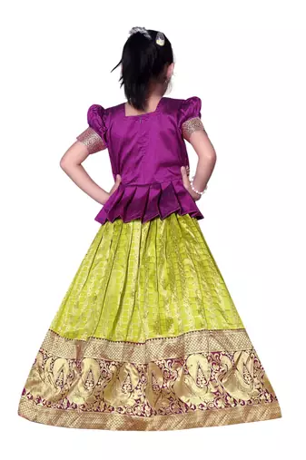 Wine And Parrot Green South Indian Pavadai set Lehenga cholu