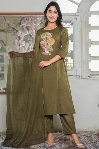 Cotton dyed a-line kurti pant dupatta set