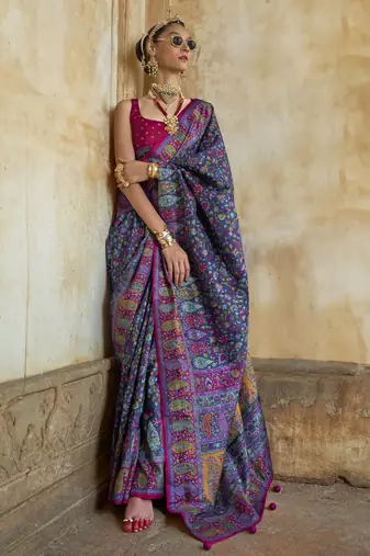 Navy blue silk blend printed saree with unstitched blouse