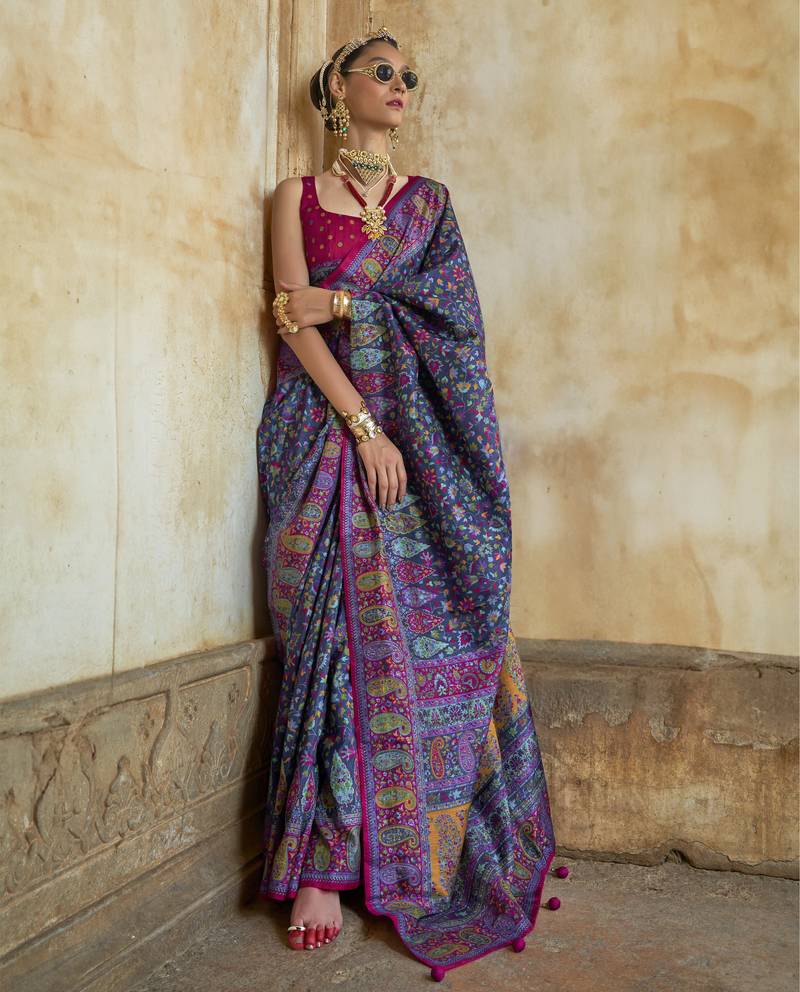 Navy blue silk blend printed saree with unstitched blouse