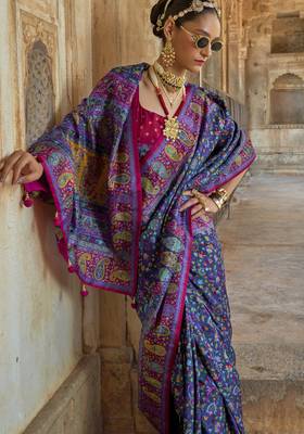 Navy blue silk blend printed saree with unstitched blouse 2