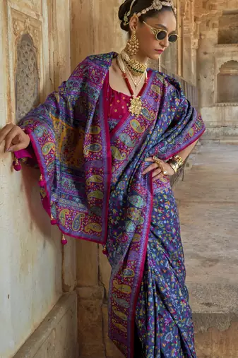 Navy blue silk blend printed saree with unstitched blouse