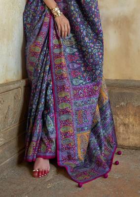 Navy blue silk blend printed saree with unstitched blouse 3