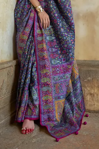 Navy blue silk blend printed saree with unstitched blouse