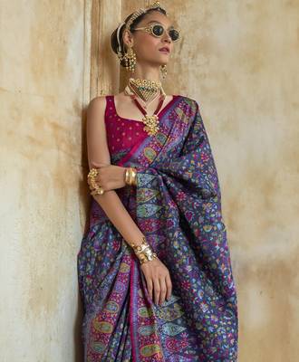 Navy blue silk blend printed saree with unstitched blouse 4