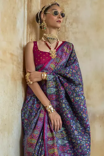 Navy blue silk blend printed saree with unstitched blouse