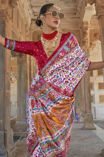 Off- white silk blend printed saree with unstitched blouse