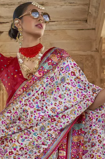 Off- white silk blend printed saree with unstitched blouse