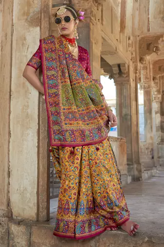 Yellow silk blend printed saree with unstitched blouse