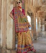 Yellow silk blend printed saree with unstitched blouse
