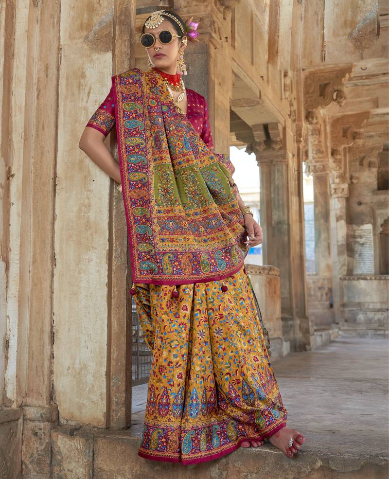 Yellow silk blend printed saree with unstitched blouse