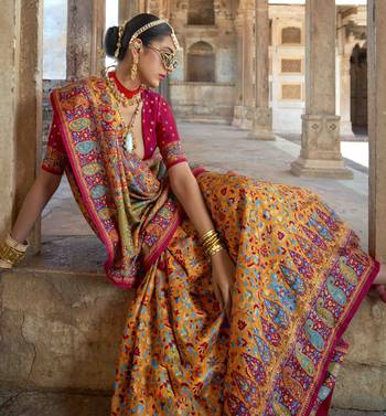 Yellow silk blend printed saree with unstitched blouse 2