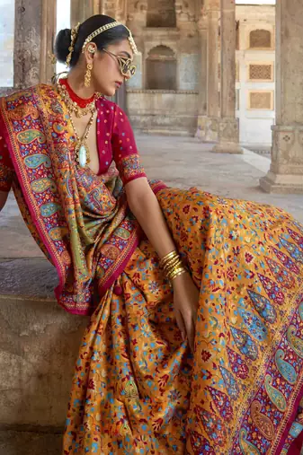 Yellow silk blend printed saree with unstitched blouse