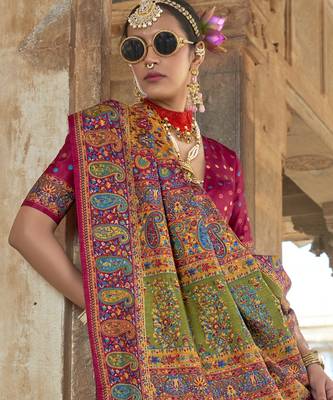 Yellow silk blend printed saree with unstitched blouse 4