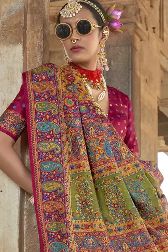 Yellow silk blend printed saree with unstitched blouse